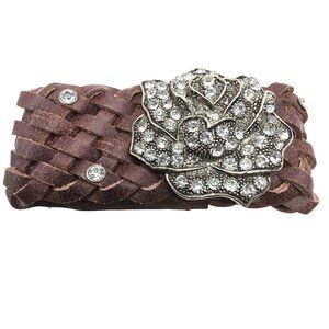 Woven Bracelet Brown Leather Rhinestone Rose Lotus Snap Closure womens jewelry